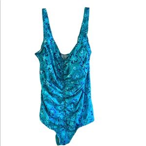 Rose Marie Reid aqua swimsuit plus size ruched front